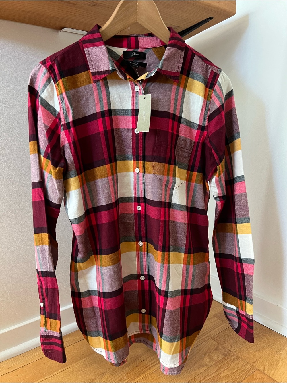 J. Crew Burgundy, Mustard and Pink Plaid Button-Down Shirt-100% Cotton
